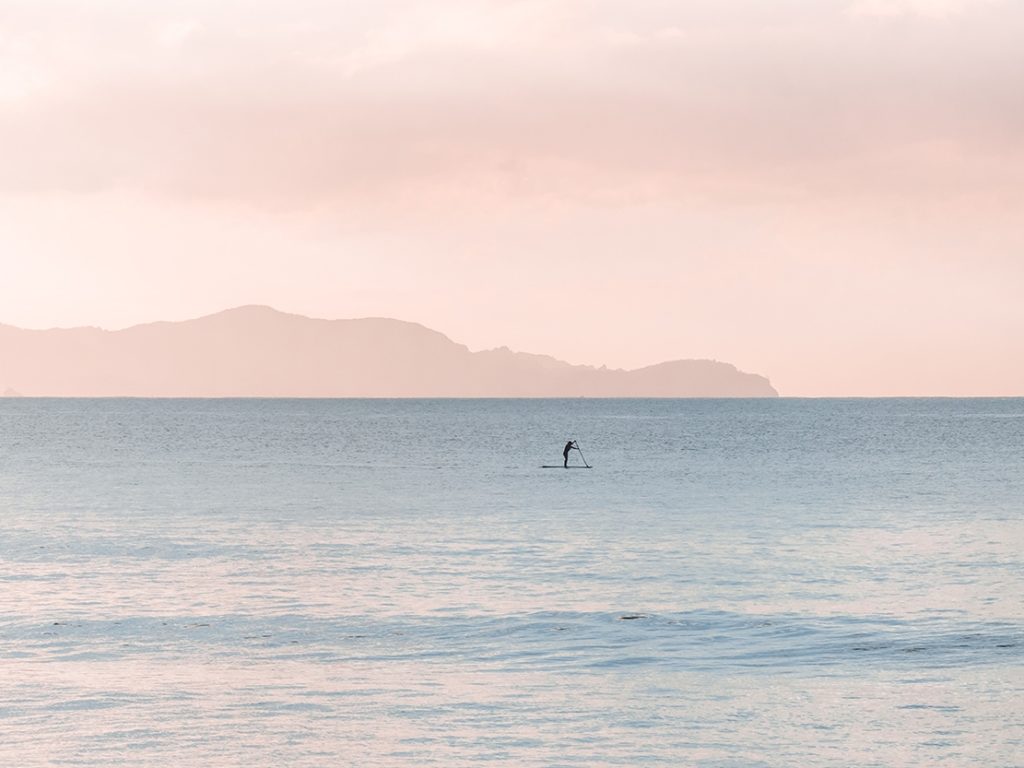 photo of the ocean and pink sky